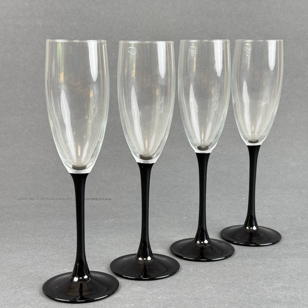 Luminarc Domino Champagne Flutes Set of 4 Black Stem Clear Glass France